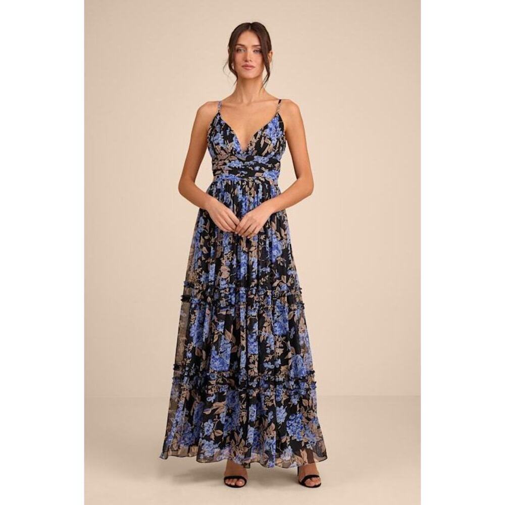 Lulus Niora Black And Blue Floral Pleated Maxi Dress - Size XL
